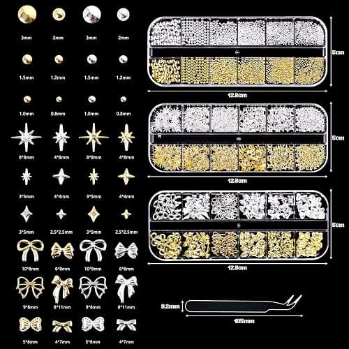 3D Nail Charms, VEGCOO 3 Boxes Gold Silver Nail Stuff Nail Gems Rhinestones Charms with Tweezers, Assorted Styles Bows Stars Pearls Nail Art Charms for Women Girls Nail Art DIY Accessories thumbnail 2