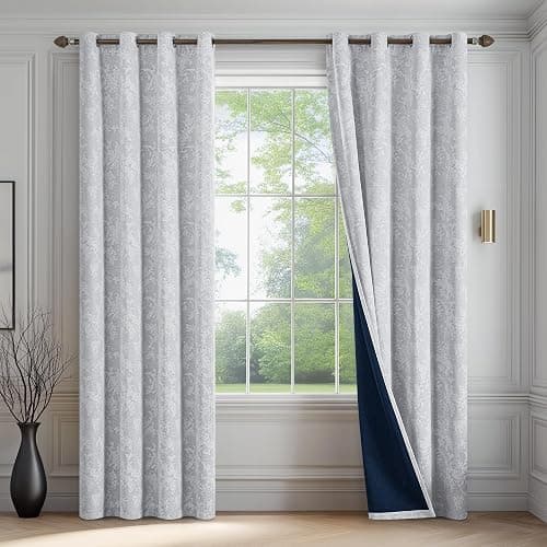 FMFUNCTEX Grey Floral Jacquard Blackout Curtains 84 Inches Long for Bedroom, Scroll Flower Chenille Farmhouse Curtains for Living Room Darkening Thermal Insulated Grommet Window Drapes 2 Panels thumbnail 2