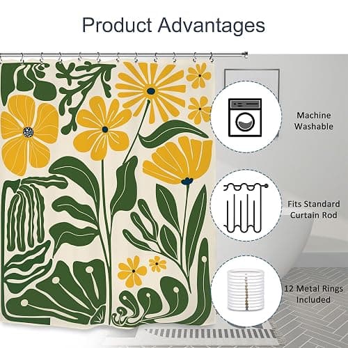 Kalmico Yellow Green Matisse Flower Shower Curtain 60Wx72L Inch Abstract Retro Aesthetic Minimalist Vintage Art 70s Trendy Modern Bathroom Set Accessories Decor with 12 Pack Hooks thumbnail 6