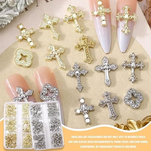 60 Pcs Kreuz Nagel Charms für Nagelkunst, 3D Metall Kristall Kreuz Nagel Dekorationen, Legierung Nagel Nieten und Strasssteine für Frauen Mädchen DIY Schmuck Handwerk Zubehör (B-Silber) thumbnail 5