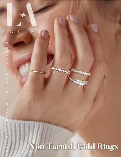 LOLIAS 14K Gold Plated Stackable Rings for Women Non Tarnish - Dainty Cubic Zirconia Wedding Bands Ring Set Minimalist Trendy Statement Engagement Promise Thumb Rings Stacking Size 5-10 thumbnail 2