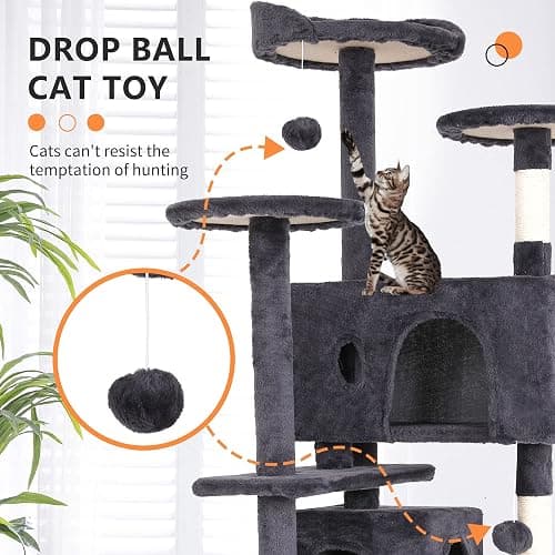 BestPet | 54" Cat Tree Tower | Ashy | Sturdy, Easy to Assemble, Multi-Level Activity Center with Sisal Scratching Posts, Condos, Perches, Hanging Cat Toys, Observation Decks & Ladder thumbnail 3