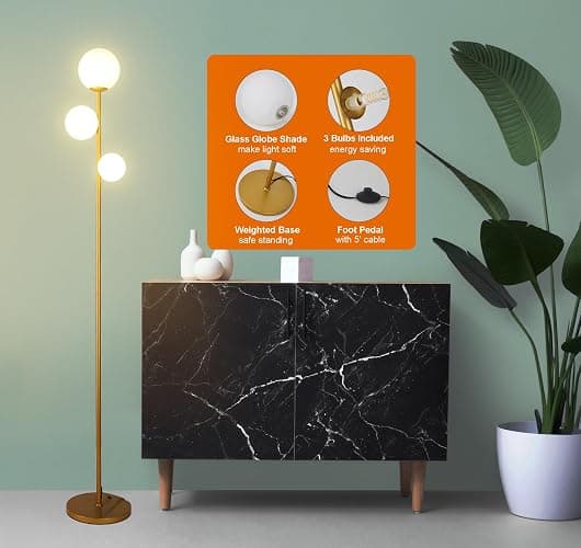 Fiqevs 3 Globe Mid Century Modern Floor Lamp for Living Room, Gold Standing Lamp with Frosted Glass Shade and 3x2700K Warm LED Bulbs, Vintage Retro Tall Lamps for Bedrooms, Office - Antique Brass thumbnail 6
