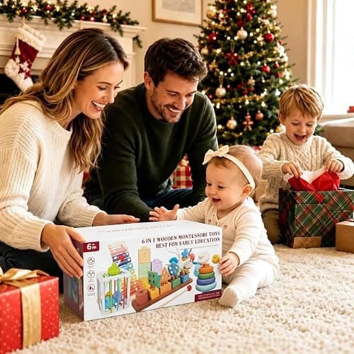 6-in-1 Montessori Baby Toy Set with Wooden Shape Sorter Xylophone Teether | 5 Stacking Rings, 6 Building Blocks, 20 Shape Blocks, Sensory Cube, Stacking, Sorting, Matching, Fine Motor Play, Baby Gift thumbnail 2
