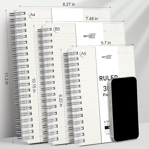RETTACY Spiral College Ruled Notebook, 300 Pages, A5 Medium Size (5.7" x 8.2"), for School, Work, Writing, Journaling, 100 GSM Thick Paper, Flexible Plastic Cover (Transparent) thumbnail 8