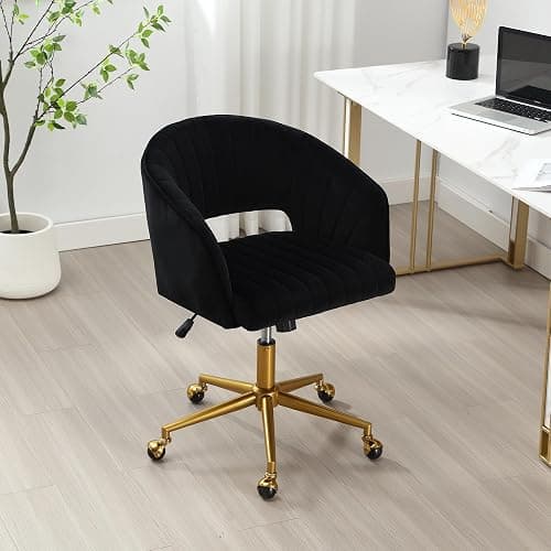 HENGJIANYI Home Office Swivel Desk Chair, Modern Velvet Vanity Chair, Height Adjustable Armchair with Gold Base, Ergonomic Office Chair for Task Study Computer Room, Black thumbnail 2