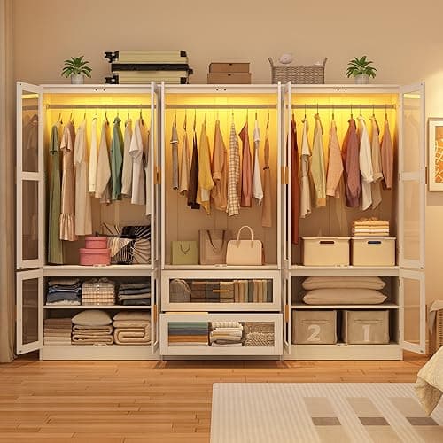 6 Doors Armoire Wardrobe Closet with LED and Mirror,71" H Freestanding Wooden Wardrobe Closet Cabinet for Bedroom w 2 Drawers,Wooden Clothing Storage Cabinet w Hanging Rod,Closets for Bedroom(White) thumbnail 7