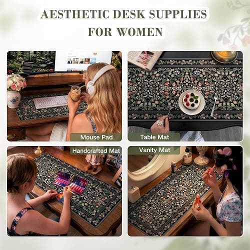 iCasso Floral Desk Mat,Mouse Pad for Office Decor,35.4x15.7in,Black | Back to School Desk Pad Mat, Anti-Slip Big Mousepad with Stitched Edges for Computer Desktop,Smooth Water-Resistant thumbnail 9