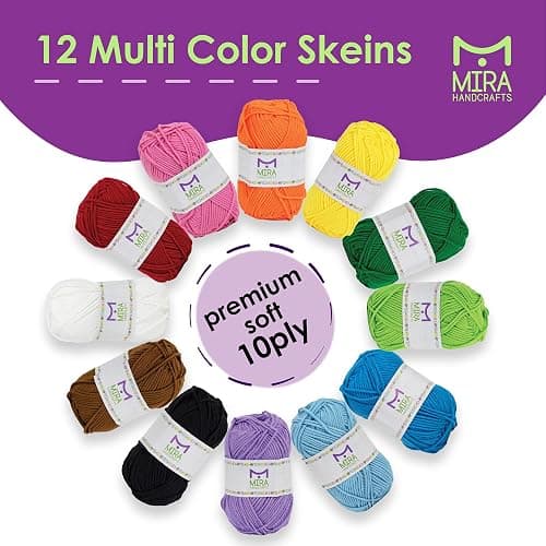 Mira HandCrafts 12 Acrylic Yarn Skeins - Crochet and Knitting Starter Kit for Colorful Arts and Crafts with 1,312 Yards of Multicolored Thread - Make Amigurumi, Granny Squares, Scarves, and Throws thumbnail 3