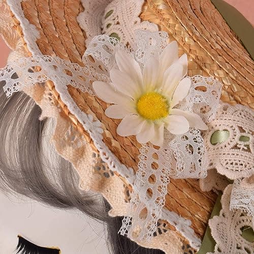 COSDREAMER Girls Women Tea Party Sun Hat Lace Ribbons Straw Hats Small thumbnail 6