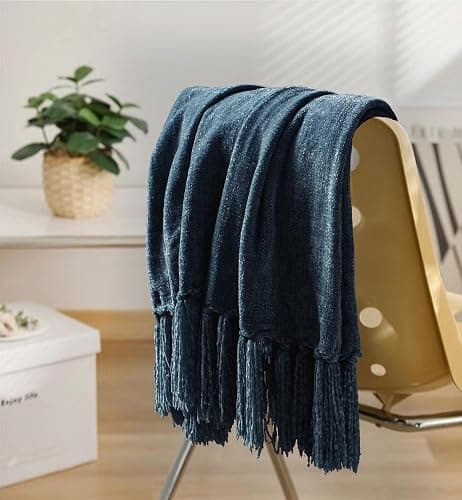 LONG CREATE Chenille Throw Blanket for Couch 50"X 60", Soft Cozy Throws with Fringe Tassel for Bed Sofa Chair Cover, Lightweight Knitted Decorative Boho Blankets for Living Room, Navy Blue thumbnail 5
