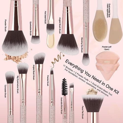 HEDIVIA Pink Makeup Brushes Set 14 Pcs Professional, Synthetic Foundation Concealer Powder Blush Eyeshadow Brushes with 2 Powder Puffs & Dual-ended Mask Applicator, Gifts for Women Teen Girls thumbnail 3