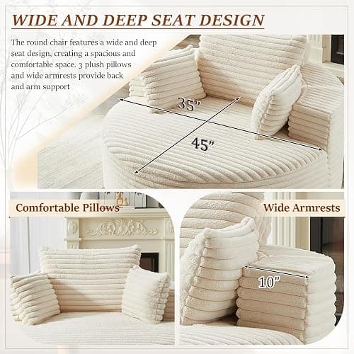 55"W Oversized Round Chair Lounge Chaise Indoor, Corduroy Upholstered Comfy Large Circle ArmChair, Modern Fluffy Deep Seat Cloud Sofa Chair Sleeper Sofa Bed for Living Room, Bedroom Apartment, Beige thumbnail 5
