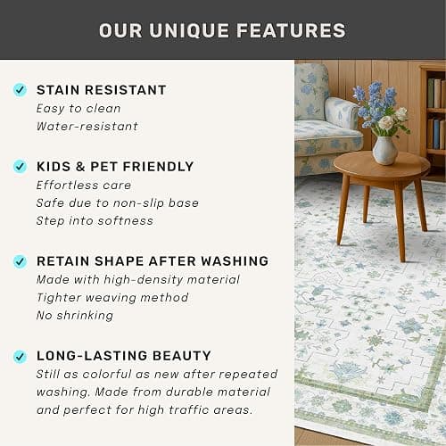Hazo Haus Washable Oushak Bathroom Runner Rug 2x5 - Eclectic Boho Floral Pastel, Non Slip Low Pile Stain Resistant Small Throw Rug for Bedroom, Laundry Room, Powder Room, Cream Green thumbnail 7