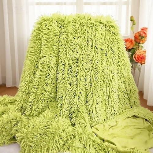 Plush Super Soft Blanket Bedding Sofa Cover Furry Fuzzy Fur Warm Throw Qulit Cozy Couch Blanket for Winter (51"x63",Yellow Green) thumbnail 2
