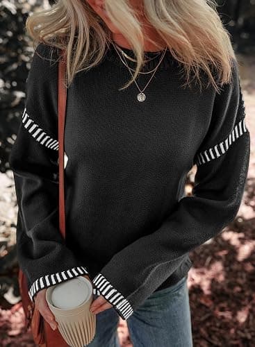 Dokotoo Sweaters for Women Fashion Solid Crewneck Loose Fit Long Sleeve Contrast Cable Knit Pullover Sweater Jumper Tops thumbnail 5