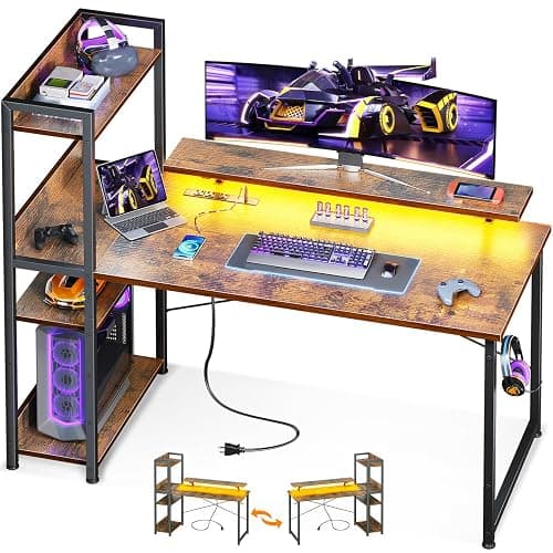 ODK Reversible Gaming Desk with Power Outlets and LED Lights, 48 Inch Computer Desk with Storage Shelves and Monitor Stand, Modern Writing Study Desk for Home Office, Rustic Brown - Image 1