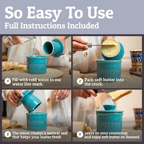 PriorityChef Butter Crock with Lid with Water Line, Ceramic French Butter Dish to Leave On Counter, Turquoise thumbnail 4