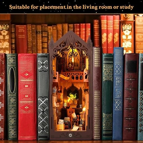 Book Nook Kit, DIY Dollhouse Booknook, Miniature House Kit for Adults and Teens, Library Tiny okshelf Decor, 3D Wooden Puzzle Bookends with Sensor Led Light, Gifts for Family, Friends thumbnail 5