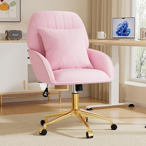 Pink Velvet Desk Chair with Pillow, Upholstered Home Office Desk Chair Makeup Vanity Chair with Swivel Wheels, Ergonomic Office Chair Computer Task Chair for Living Room, Bedroom thumbnail 2