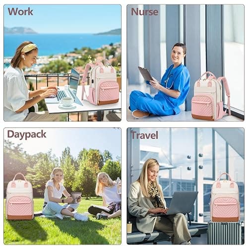 School Backpack for Women Teen Girls - 15.6 inch Laptop Backpack with USB Charger Waterproof College Bookbag Casual Daypack Computer Backpack for Work Travel Backpacks for Teacher Nurse Pink Beige thumbnail 8