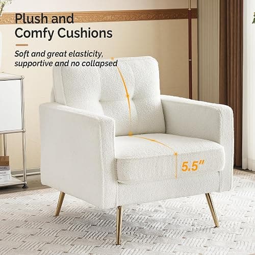 VINGLI Upholstered Living Room Chairs White Accent Chair Fluffy Teddy Fabric Mid Century Modern Sofa Chairs with Arms, Gold Legs for Reading, Bedroom, Waiting Room thumbnail 4