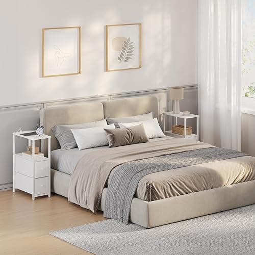 TUTOTAK Small Narrow End Table with Charging Station, Set of 2, Side Table with Outlets, Nightstand with 2 Cloth Drawers, Couch Table, for Living Room, Bedroom, Bedside, White TB01BW055 thumbnail 8