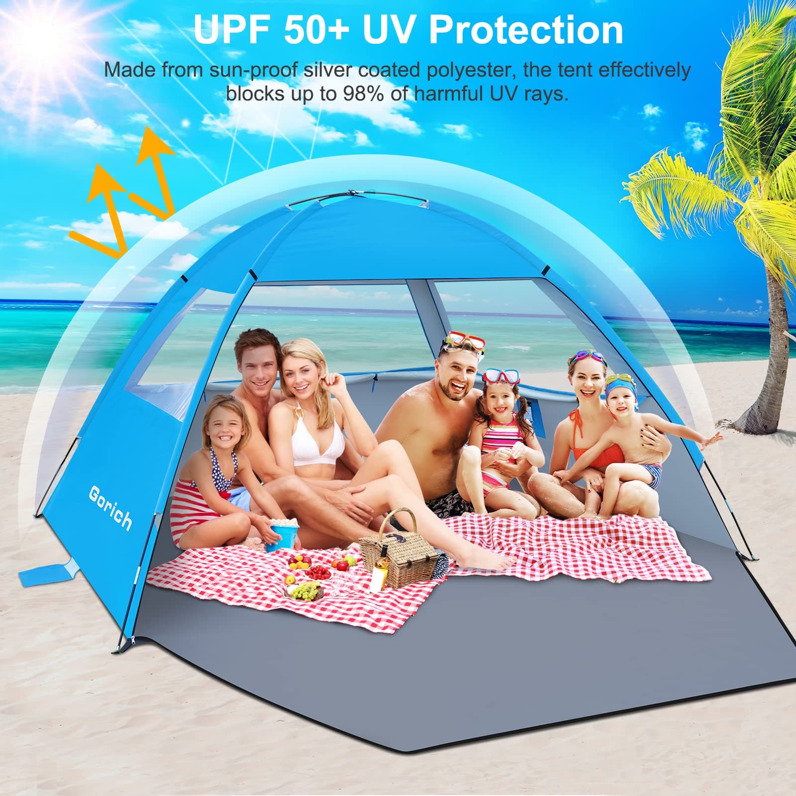 Gorich Beach Tent, Beach Shade Tent for 3/4-5/6-7/8-10 Person with UPF 50+ UV Protection, Portable Beach Tent Sun Shelter Canopy, Lightweight & Easy Setup Cabana Beach Tent - Blue - 4 person thumbnail 3