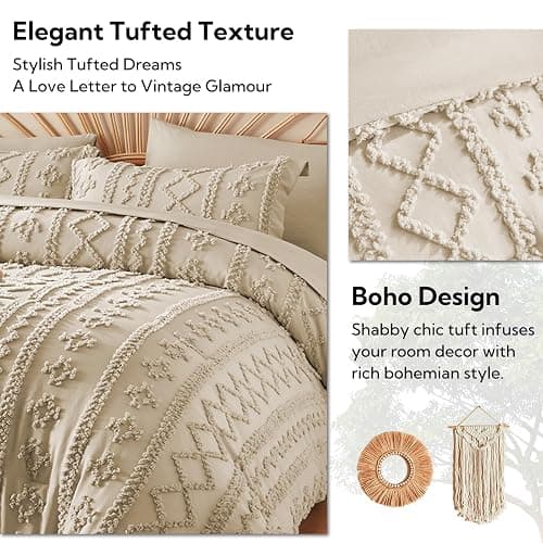MR&HM Tufted Boho Comforter Set Queen, Linen Farmhouse Bedding Set, Bed in a Bag Set 7 Pieces with 1 Comforter, 2 Pillow Shams, 2 Pillowcases, 1 Flat Sheet, 1 Fitted Sheet for All Seasons thumbnail 4
