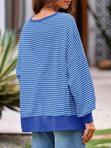 Fisoew Women's Fall Oversized Sweatshirt Casual Waffle Knit Long Sleeve Crewneck Split Pullover Tunic Tops thumbnail 4