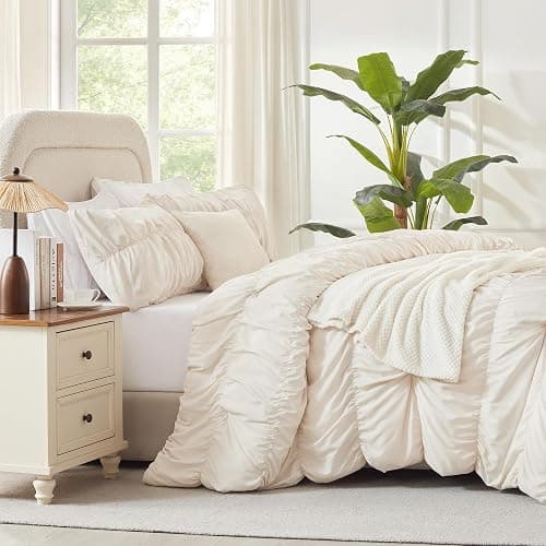 Andency Ruched Beige Full Size Comforter Sets, Shabby Chic Pleatd Bedding Sets 3 Pieces, Lightweight Soft Boho Ruffle Bed Set for Girls, Kids, Women, All Season thumbnail 7