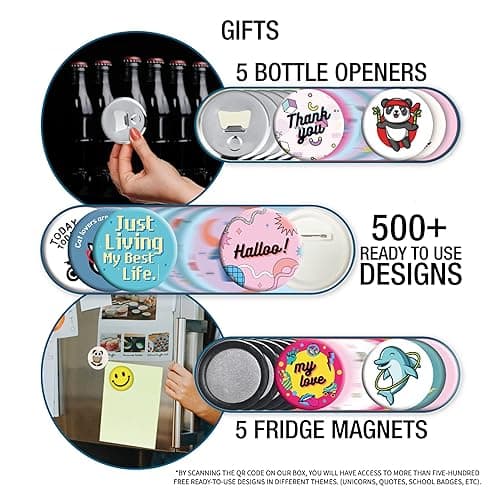 Nice2Have Button Maker Machine 2.25 inch (58mm) - (100 Buttons, 5 Bottle Openers, 5 Fridge Magnets, 500+ Free Designs,Circle Cutter&Magic Book) - Installation-Free Pin Maker Machine - 58mm (Blue) thumbnail 5
