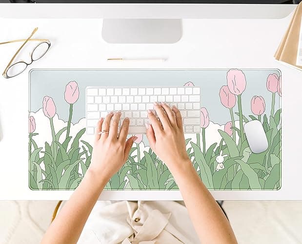 WatercolorTulip Flower Mouse Pads,Extended Gaming Mousepad XXL Kawaii Anime Desk Mat Pink Green Large Full Desk Mouse Pad for Wireless Mouse Keyboard Mat with Stitched Edges 31.5" x15.75 thumbnail 8