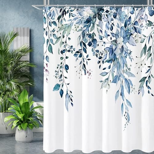 Gibelle Long Shower Curtain 72 x 78, Blue Floral Shower Curtain for Bathroom, Watercolor Plant Eucalyptus Leaves Fabric Shower Curtain Set - Image 1
