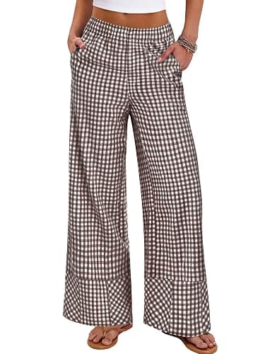 ANRABESS Womens Gingham Striped Wide Leg Palazzo Lounge Pants with Pockets | Checkered & Plaid PJ Pajama, Casual & Cute Boxer Bottoms, Elastic Waist Trousers with Pockets, Comfy Fall Outfits - Image 1