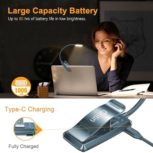 Gritin 9 LED Rechargeable Book Light for Reading in Bed - Eye Caring 3 Color Temperatures,Stepless Dimming Brightness,80 Hrs Runtime Small Lightweight Clip On Book Reading Light-Pacific Blue thumbnail 4