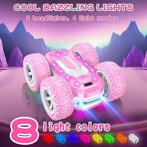 Pink Remote Control Car for Girls, RC Cars for Kids with DIY Sticker & Colored Lights, 2.4Ghz Double Sided 360° Flips 4WD Stunt Car, Rechargeable Toy Cars for Girl Ages 4-6 5-7 6-8 8-12 Birthday Gift thumbnail 3