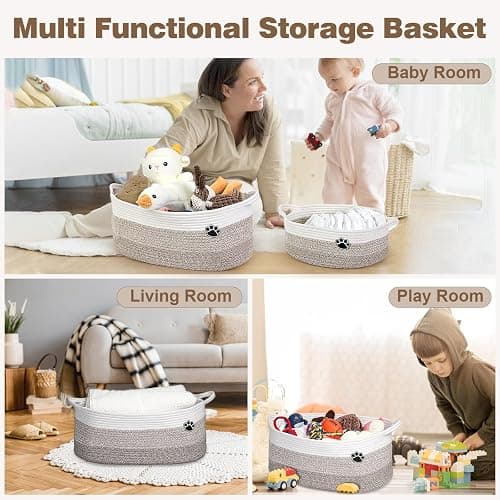 Optish Dog Toy Basket, Toy Box and Bin for Dog Cat Storage, 19.7" X 11" X 7.9" (30L) Large Woven Rope Basket for Blanket Storage, Living Room, Bedroom, White & Brown thumbnail 6