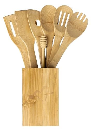 IGA Organic Bamboo Cooking Utensils Set Spoons, Spatulas With Holder For High Heat Resistant In Nonstick Pots, Pans & Cast Irons Skillets (8-Piece Set) Great Gift Idea For Everyday Use - Image 1
