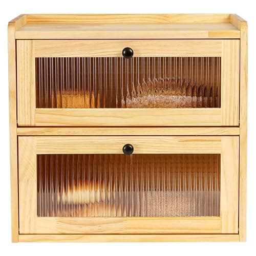 Sunhoo Bread Box for Kitchen Countertop Wooden Bread Storage Container Bin 2 Layer Breadbox Holder Large Capacity Keeper Vintage Farmhouse Food Organizer Pantry Shelf Acrylic Window（Wood color） - Image 1