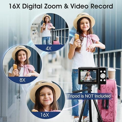 Digital Camera, 1080P FHD 44MP Compact Digital Camera, Compact Vlogging Camera with 2.4" LCD Screen, 16X Digital Zoom, Anti-Shake, Rechargeable, Portable Mini Camera for Kids, Teens, Beginners - Black thumbnail 3
