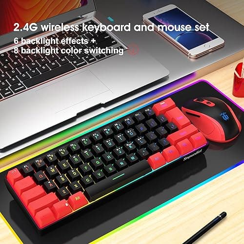 Snpurdiri 2.4G Wireless Gaming Keyboard and Mouse Combo, Include Mini 60% Merchanical Feel Keyboard, Ergonomic Vertical Feel Small Wireless Mouse(Red and Black) thumbnail 9