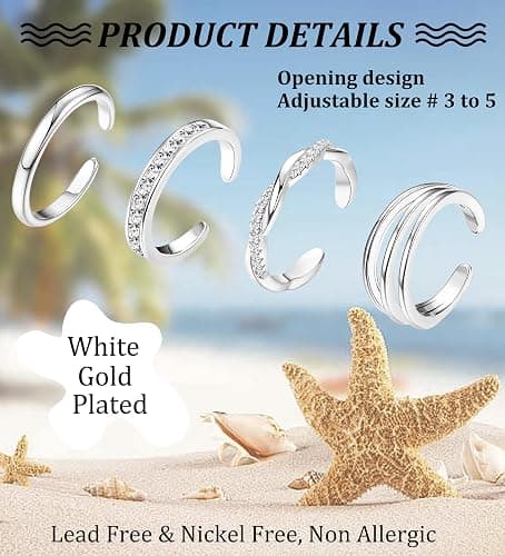 Xozeu 4PCS 14K Gold Plated Toe Rings, White Gold Plated Toe Rings for Women Hug CZ Triple Twist Simple Band Open Toe Rings Beach Foot Jewelry Adjustable thumbnail 5