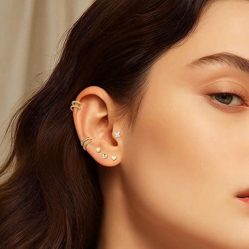 Wgoud 12 Pairs Hypoallergenic Surgical Steel Earrings for Sensitive Ears Waterproof Trendy Gold Plated Small Stud Flat Back Stainless Steel Earrings for Women Men Hoop Cartilage Earring Set for Multiple Piercing thumbnail 3