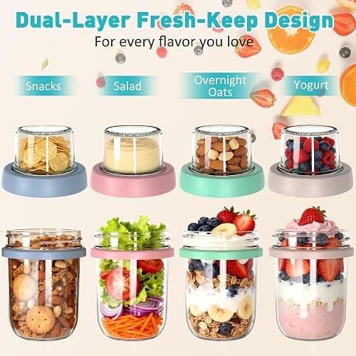 4 Pack Overnight Oats Containers with Lids and Spoons, 20 oz (16+4) Overnight Oats Jars, Glass Mason Jars with Dry and Wet Separation for Oatmeal Salad Yogurt, Dual-Layer Yogurt Containers with Lids thumbnail 4