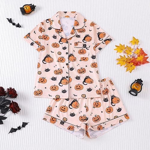 Cxquxse Halloween Pajama Sets for Women 2 Piece Ghost Pumpkin Print Shirts and Shorts Button Down Short Sleeve Sleepwear thumbnail 2