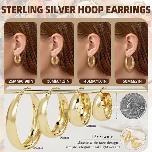12mm Wide Thick Hoop Earrings 925 Sterling Silver Hoop Earrings for Women Hypoallergenic 14K Real Gold Plated Hoop Large Earring Lightweight Chunky Hoop Earrings for Women 25/30/40/50MM thumbnail 4