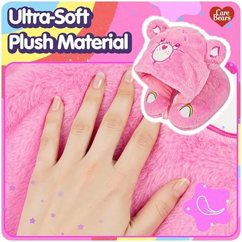 Care Bears - Cheer Bear Snuggle Hood, Travel Pillow with Hood, Soft Plush Neck Support, Lightweight, Comfortable and Breathable, Airplane, Care and Train Travel - Pink thumbnail 6
