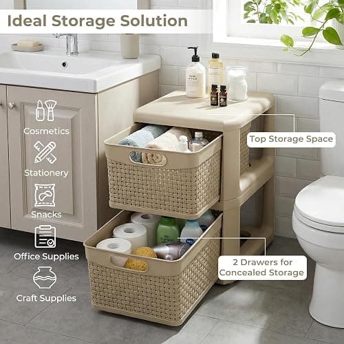 Giantex 2-Drawer Storage Organizer, Plastic Wicker Tower Baskets, Counterop & Under-desk Compact Container Boxes for Office, Bedroom, Bathroom, Living Room, Taupe thumbnail 6