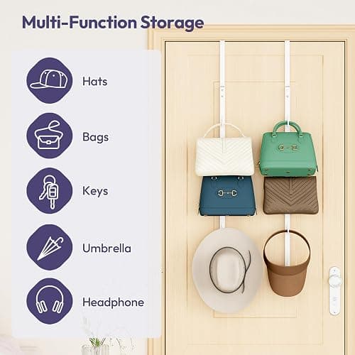 SWTYMIKI Over the Door Purse Organizer - 2 Packs Wall Mounted Purse Rack with 5 Hooks Design, Hanging Handbag Organizer Storage Holds up to 10 Bags, Bag Rack for Closet, Door (White) thumbnail 4